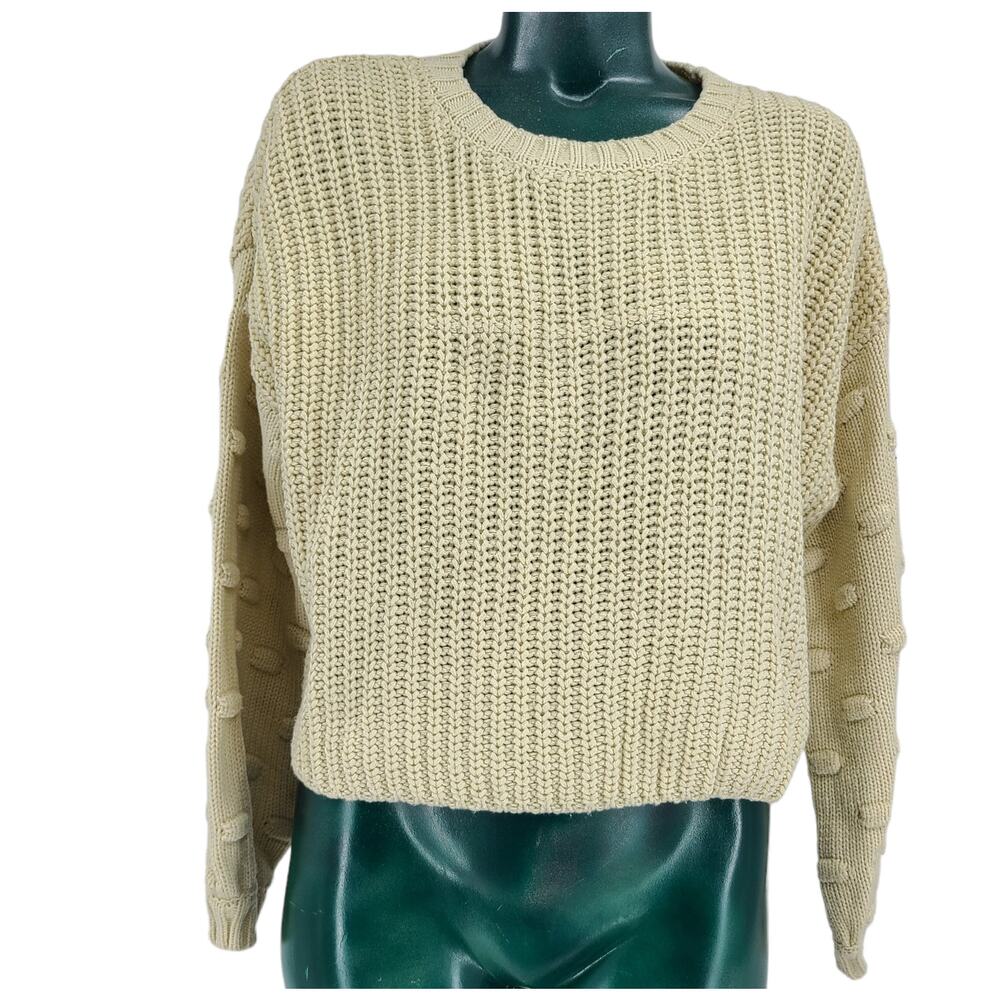 Moon & Madison Cream Beige Knit Sweater Pom Sleeves Women's Size M 2010